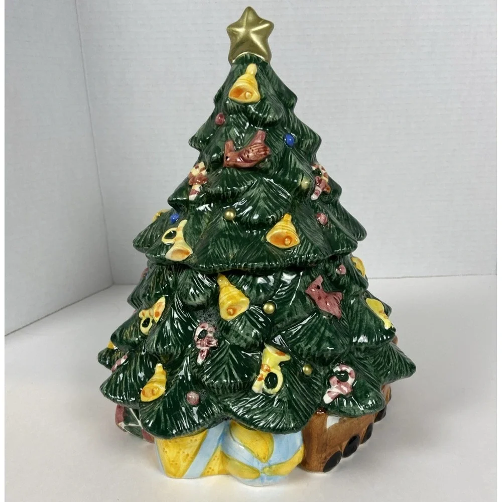 Vtg Earthenware Christmas Tree Cookie Jar w/Lid Home Trends Ceramic Kitchen